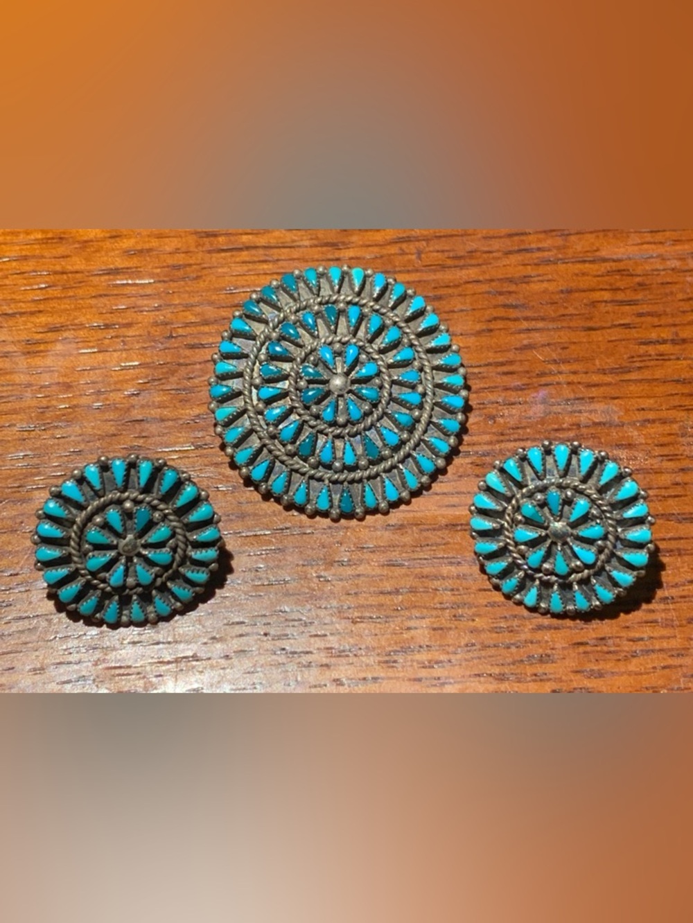 Vintage Sterling Zuni Turquoise Petit Point Cluster Pendant & Earring Set